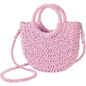 Women's Pink Straw Beach Woven Cross Body Shoulder Top Handle Satchel Handbag